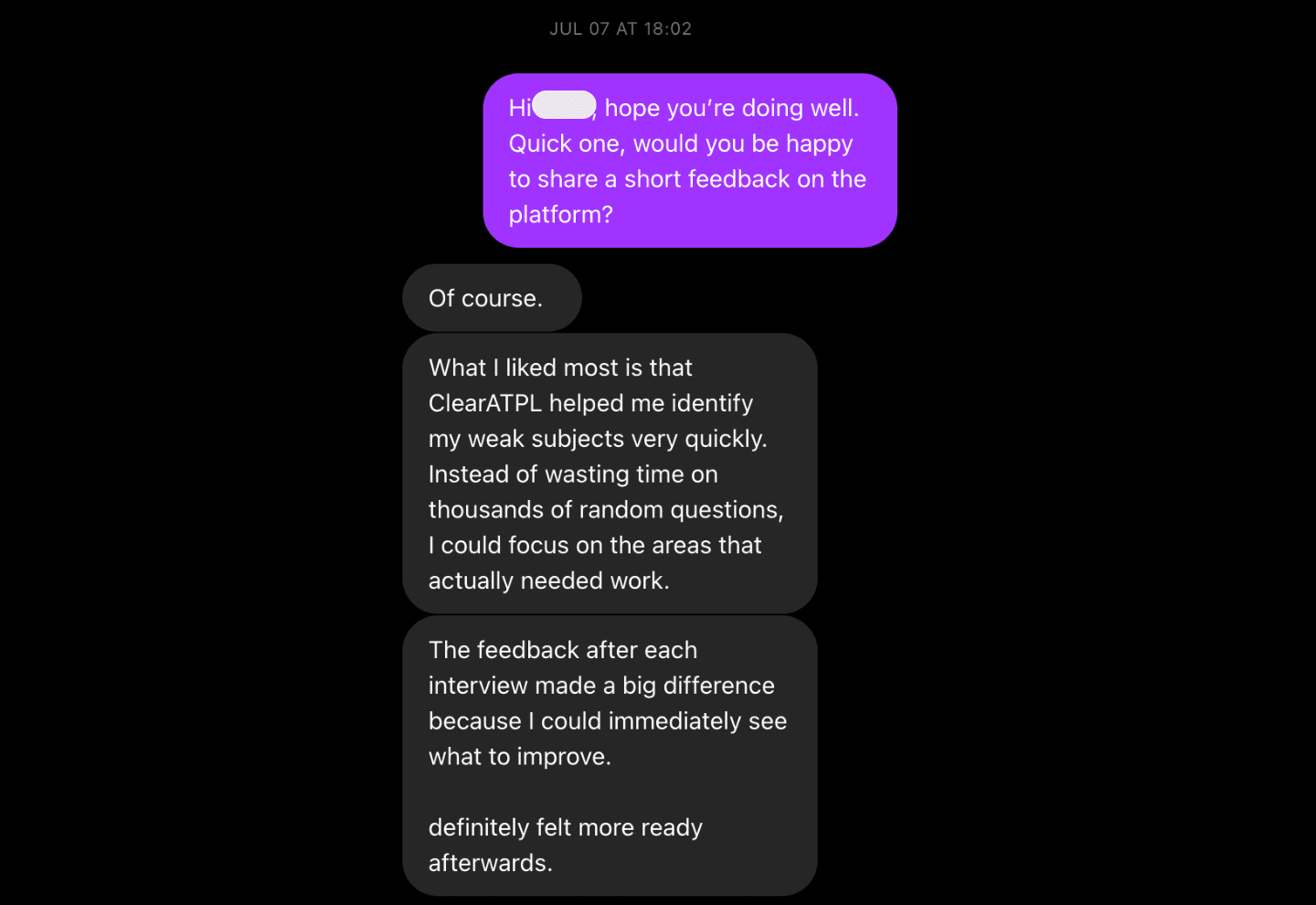 Privacy-redacted ClearATPL feedback about interview review and weak areas