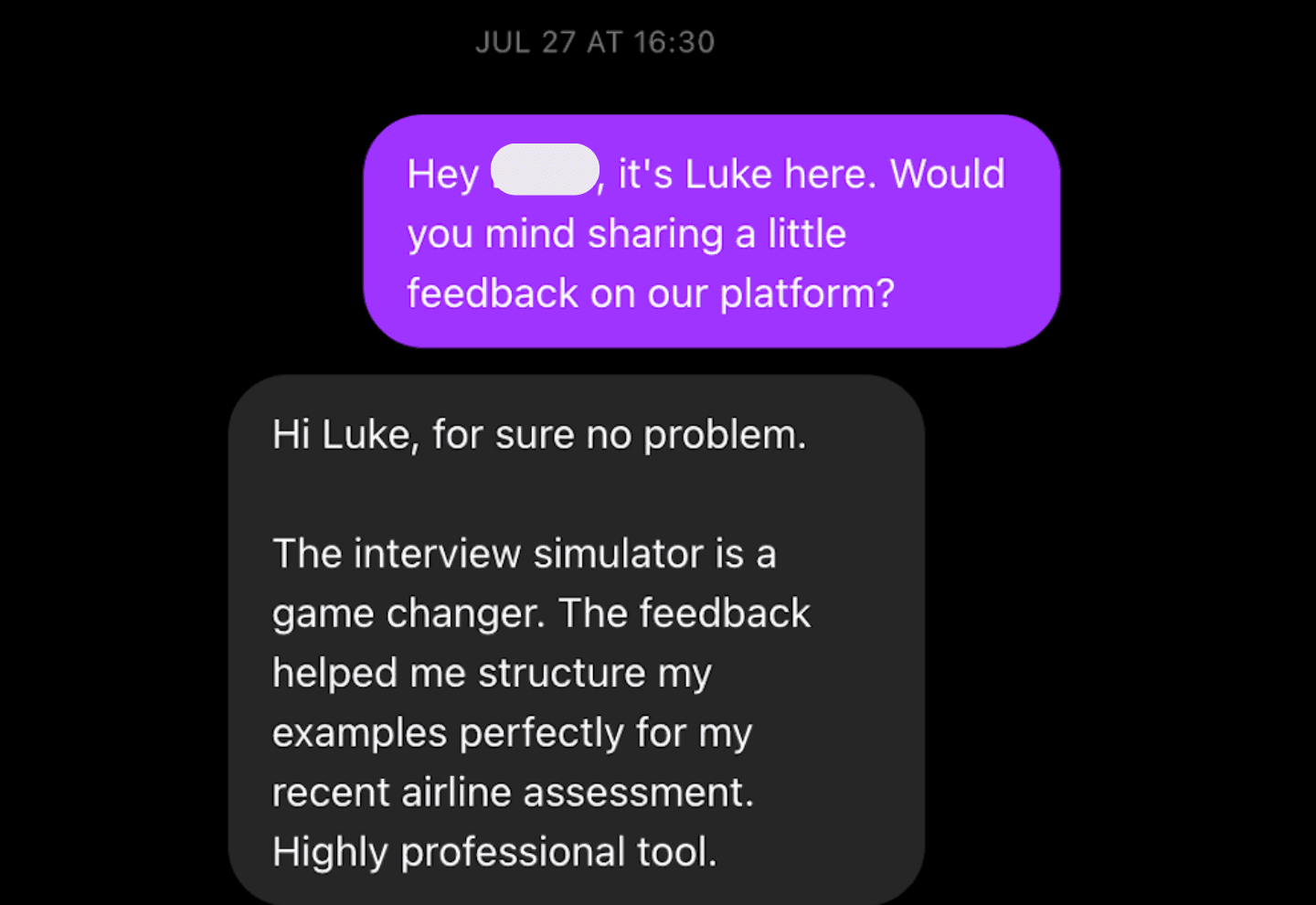 Privacy-redacted feedback about ClearATPL interview preparation received via Instagram