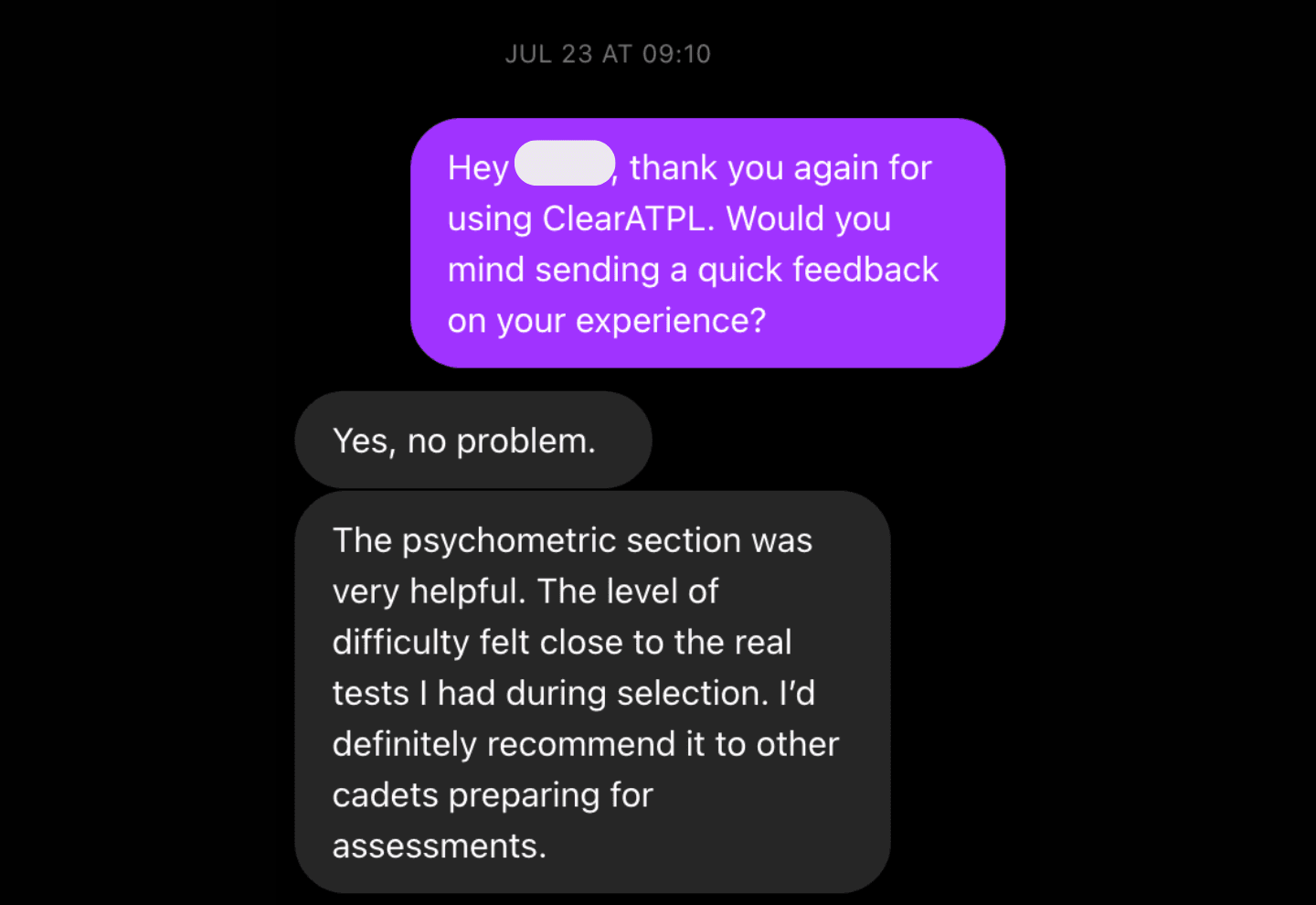 Privacy-redacted ClearATPL user feedback screenshot